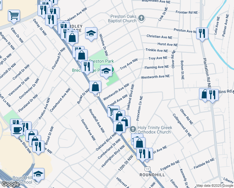 map of restaurants, bars, coffee shops, grocery stores, and more near 3119 Wentworth Avenue Northwest in Roanoke