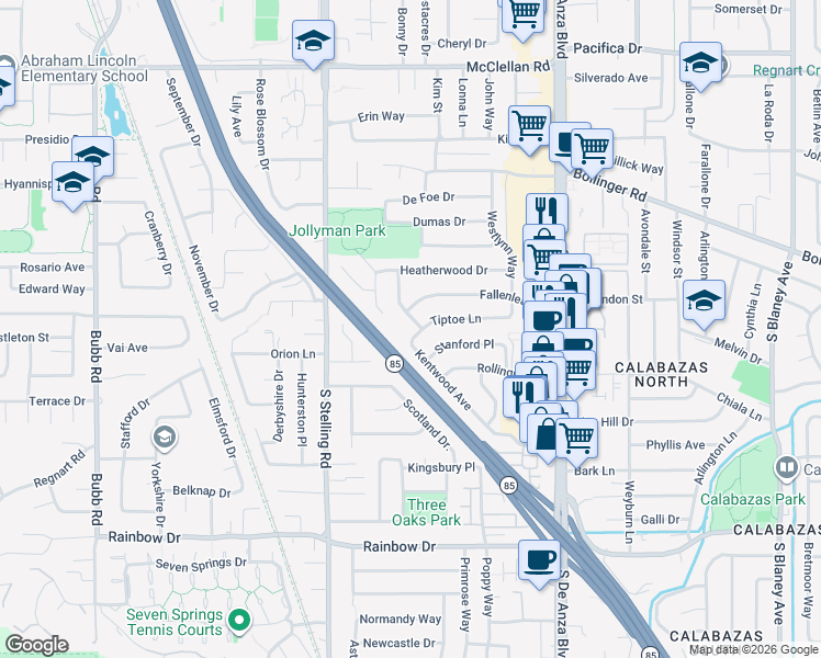 map of restaurants, bars, coffee shops, grocery stores, and more near 1071 Colony Hills Lane in Cupertino