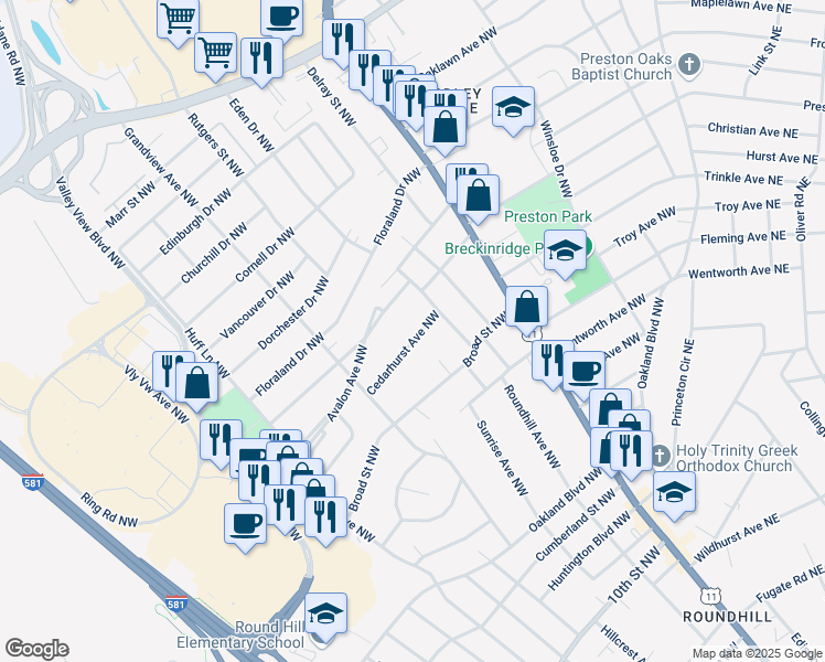 map of restaurants, bars, coffee shops, grocery stores, and more near 2728 Cedarhurst Avenue Northwest in Roanoke
