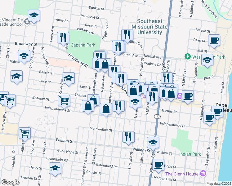 map of restaurants, bars, coffee shops, grocery stores, and more near 1111 Harmony Street in Cape Girardeau