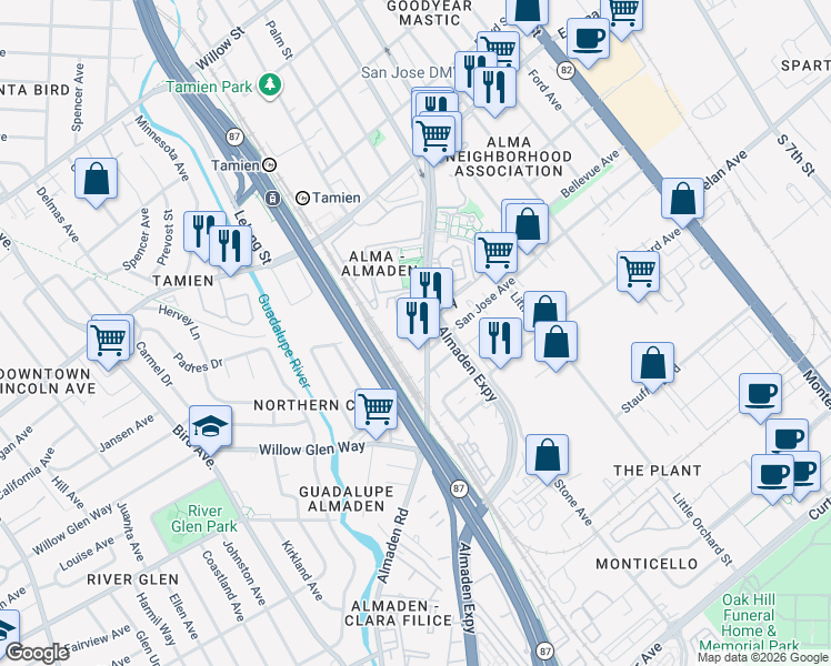 map of restaurants, bars, coffee shops, grocery stores, and more near 1605 Almaden Road in San Jose