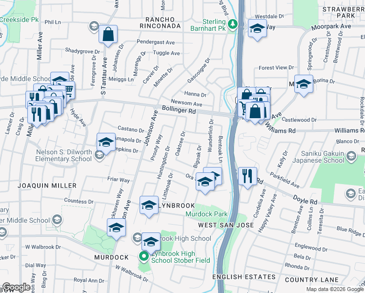 map of restaurants, bars, coffee shops, grocery stores, and more near 1043 Oaktree Drive in San Jose