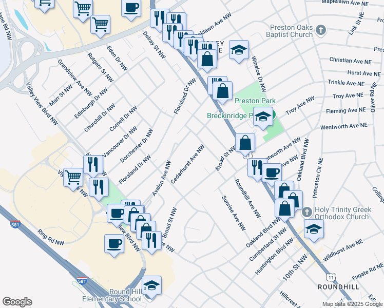 map of restaurants, bars, coffee shops, grocery stores, and more near 2728 Cedarhurst Avenue Northwest in Roanoke