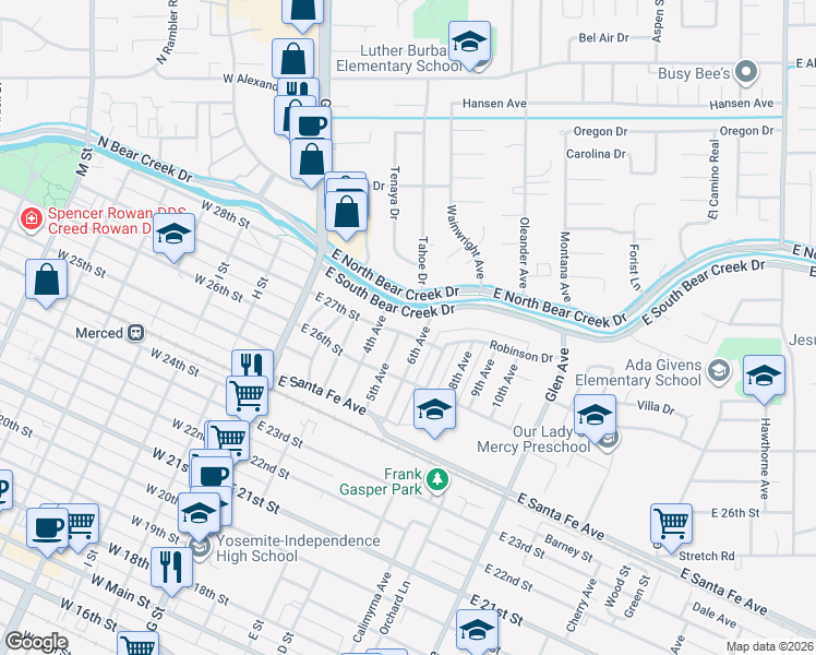 map of restaurants, bars, coffee shops, grocery stores, and more near 525 East 27th Street in Merced