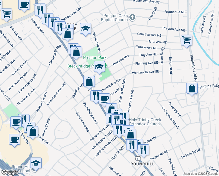 map of restaurants, bars, coffee shops, grocery stores, and more near 3119 Wentworth Avenue Northwest in Roanoke