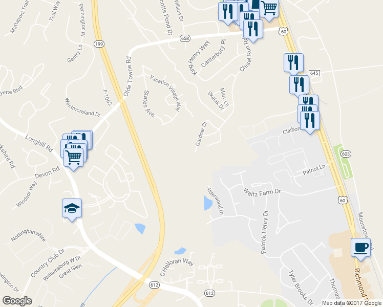 map of restaurants, bars, coffee shops, grocery stores, and more near 5394 Gardner Court in Williamsburg
