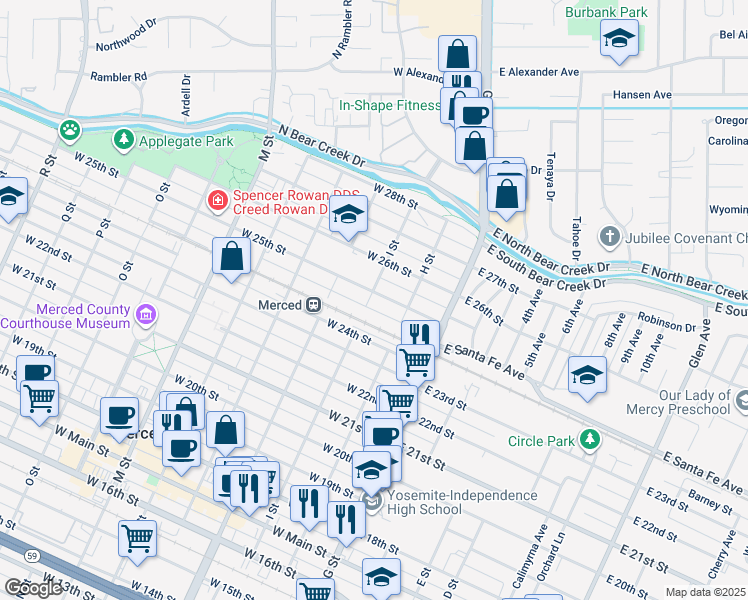 map of restaurants, bars, coffee shops, grocery stores, and more near 162 West 25th Street in Merced
