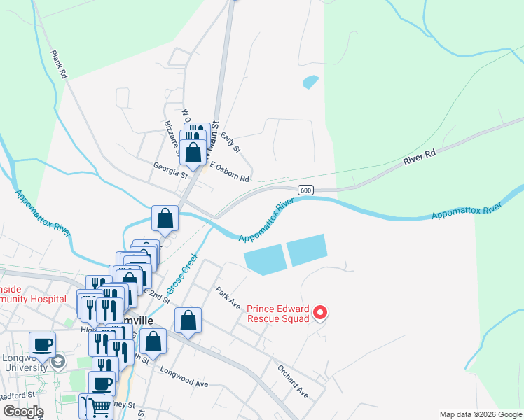 map of restaurants, bars, coffee shops, grocery stores, and more near 313 River Road in Farmville