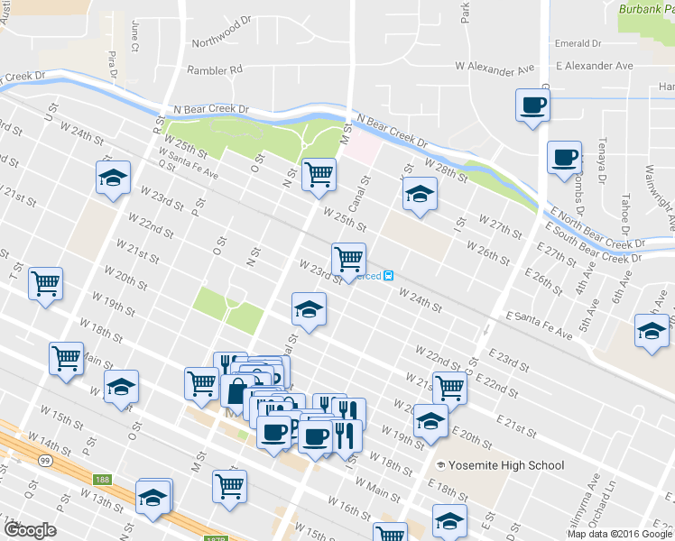 map of restaurants, bars, coffee shops, grocery stores, and more near 2385 K Street in Merced