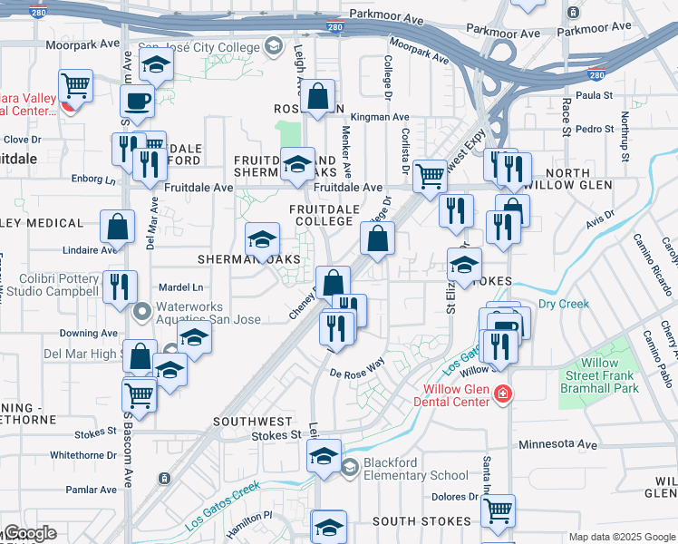 map of restaurants, bars, coffee shops, grocery stores, and more near 992 College Drive in San Jose