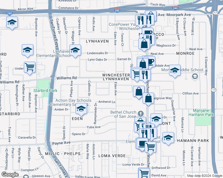 map of restaurants, bars, coffee shops, grocery stores, and more near 3241 Acorn Way in San Jose