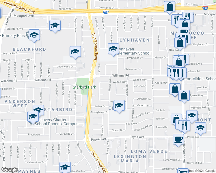map of restaurants, bars, coffee shops, grocery stores, and more near 3520 Walton Way in San Jose
