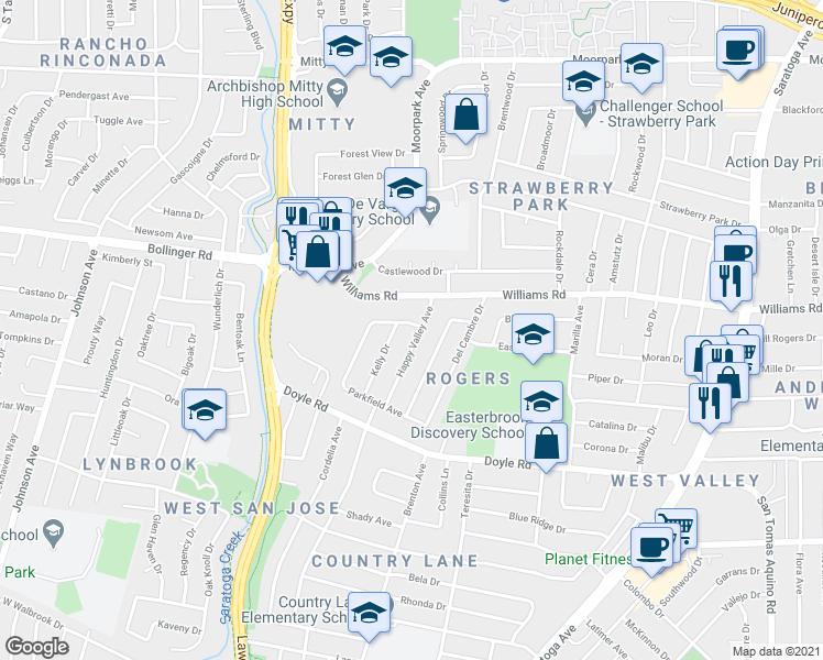 map of restaurants, bars, coffee shops, grocery stores, and more near 1055 Happy Valley Avenue in San Jose