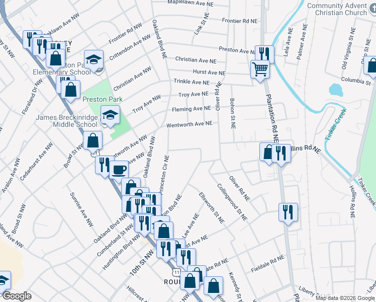map of restaurants, bars, coffee shops, grocery stores, and more near 142 Princeton Circle Northeast in Roanoke