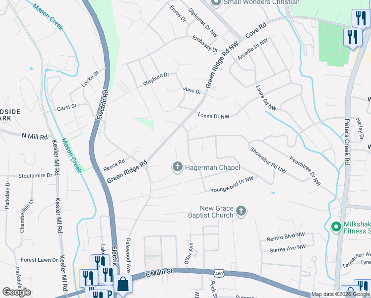 map of restaurants, bars, coffee shops, grocery stores, and more near 1667-1699 Barnett Road Northwest in Roanoke