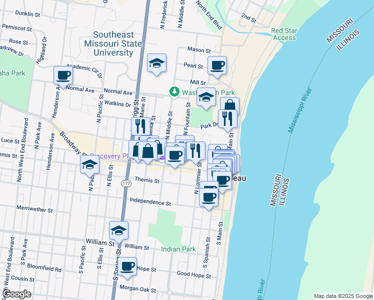 map of restaurants, bars, coffee shops, grocery stores, and more near 314 North Fountain Street in Cape Girardeau