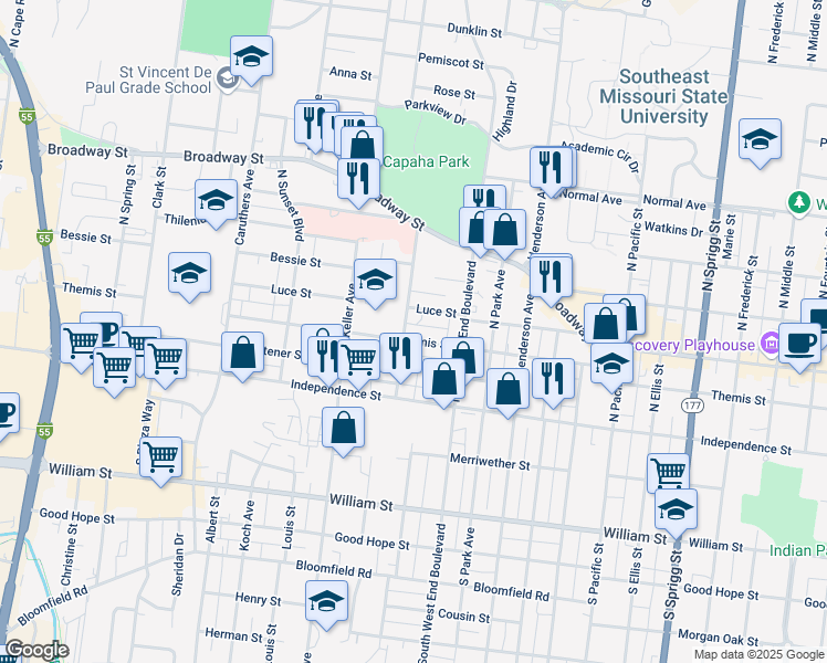 map of restaurants, bars, coffee shops, grocery stores, and more near 1453 Luce Street in Cape Girardeau