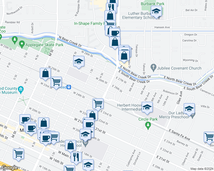map of restaurants, bars, coffee shops, grocery stores, and more near 6 West 26th Street in Merced