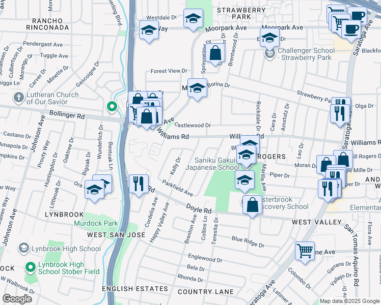 map of restaurants, bars, coffee shops, grocery stores, and more near 1055 Happy Valley Avenue in San Jose