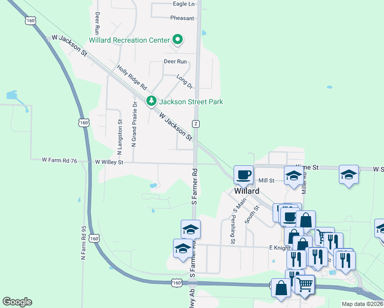 map of restaurants, bars, coffee shops, grocery stores, and more near 203 Cherry Lane in Willard