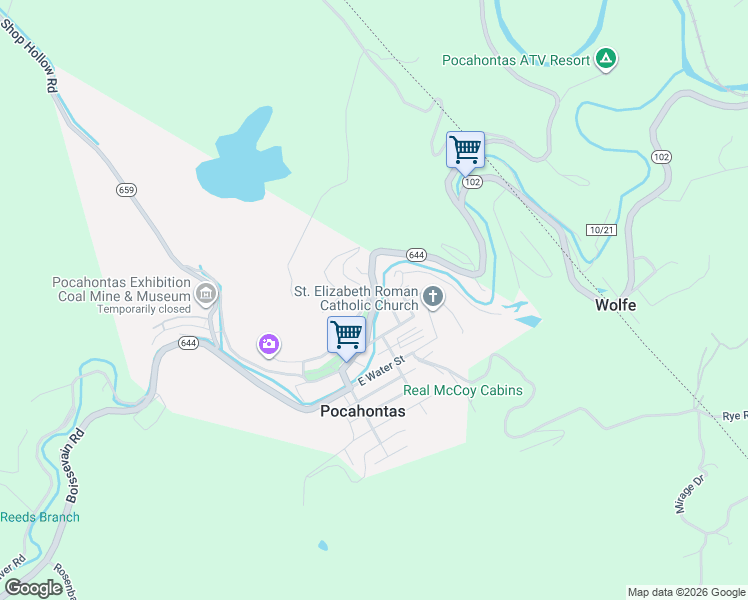 map of restaurants, bars, coffee shops, grocery stores, and more near Highway 102 in Pocahontas