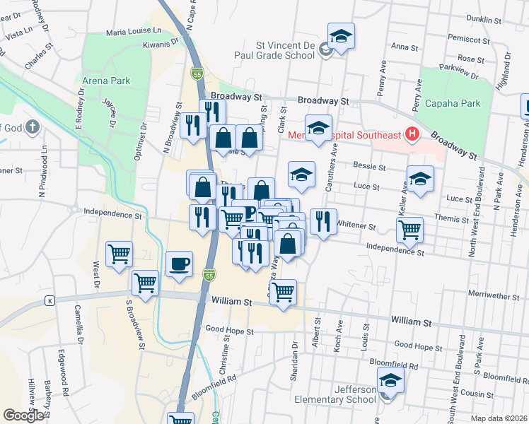 map of restaurants, bars, coffee shops, grocery stores, and more near 103 Clark Street in Cape Girardeau