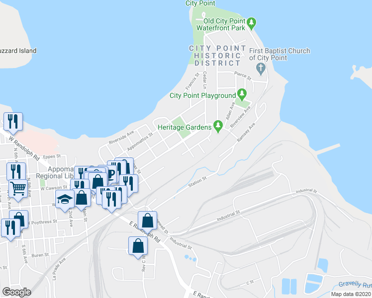 map of restaurants, bars, coffee shops, grocery stores, and more near 625 East Poythress Street in Hopewell