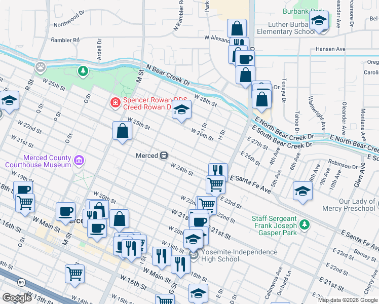 map of restaurants, bars, coffee shops, grocery stores, and more near 161 West 25th Street in Merced