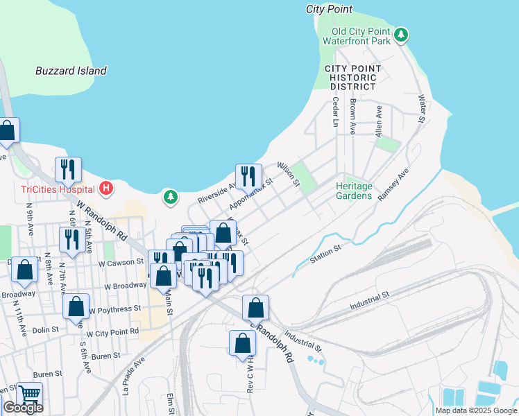map of restaurants, bars, coffee shops, grocery stores, and more near 398 Marks Street in Hopewell