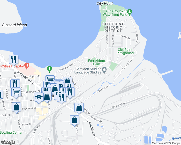 map of restaurants, bars, coffee shops, grocery stores, and more near 600 East Cawson Street in Hopewell