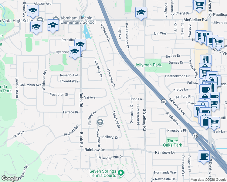map of restaurants, bars, coffee shops, grocery stores, and more near 1067 November Drive in Cupertino