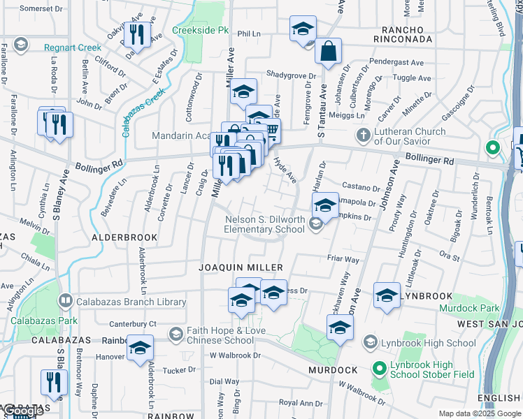 map of restaurants, bars, coffee shops, grocery stores, and more near 1026 Whitebick Drive in San Jose