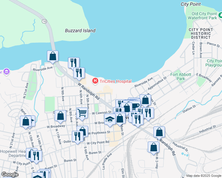 map of restaurants, bars, coffee shops, grocery stores, and more near 201 Eppes Street in Hopewell