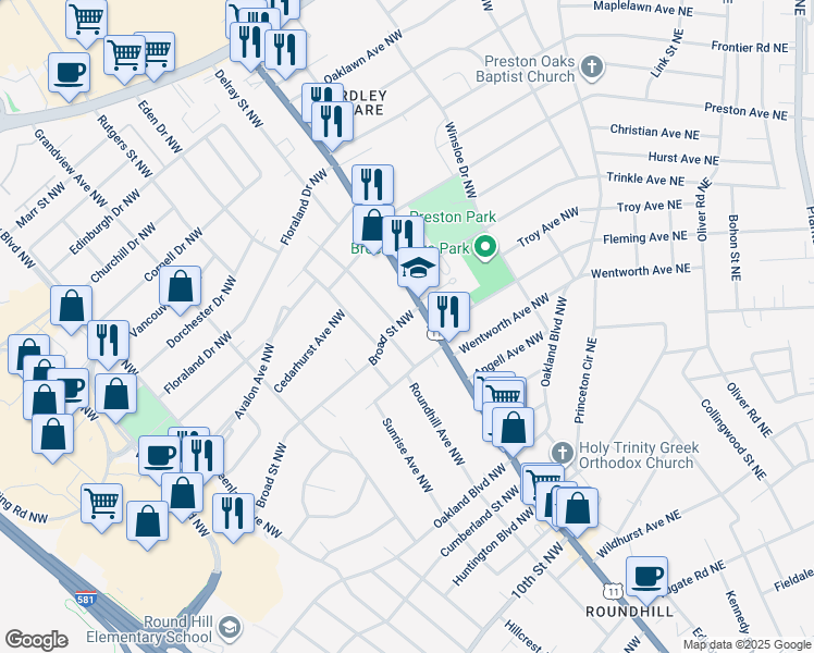 map of restaurants, bars, coffee shops, grocery stores, and more near 2919 Broad Street Northwest in Roanoke