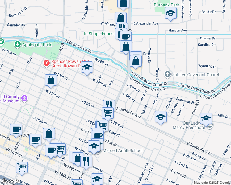 map of restaurants, bars, coffee shops, grocery stores, and more near 11 West 26th Street in Merced