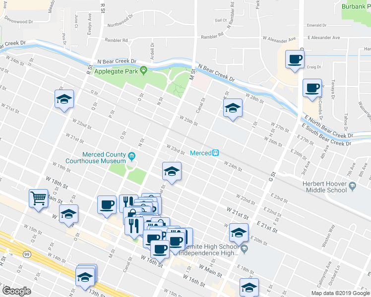 map of restaurants, bars, coffee shops, grocery stores, and more near 517 West 23rd Street in Merced