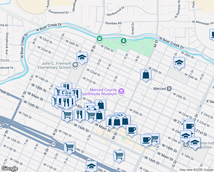 map of restaurants, bars, coffee shops, grocery stores, and more near 826 West 22nd Street in Merced