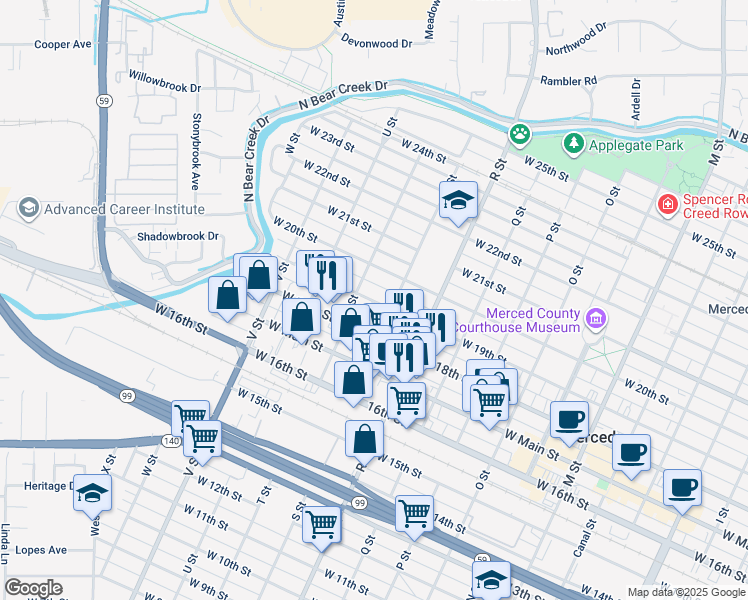 map of restaurants, bars, coffee shops, grocery stores, and more near 1245 West 19th Street in Merced