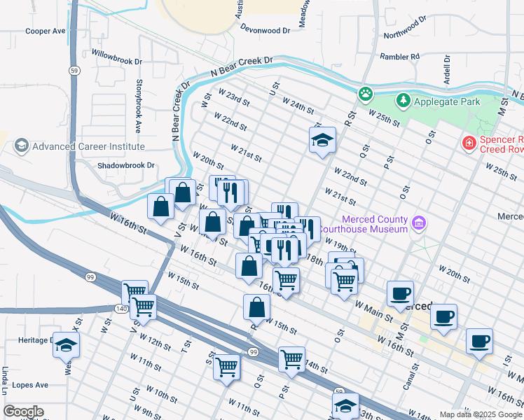 map of restaurants, bars, coffee shops, grocery stores, and more near 1245 West 19th Street in Merced