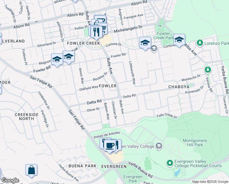 map of restaurants, bars, coffee shops, grocery stores, and more near 4198 Watkins Way in San Jose