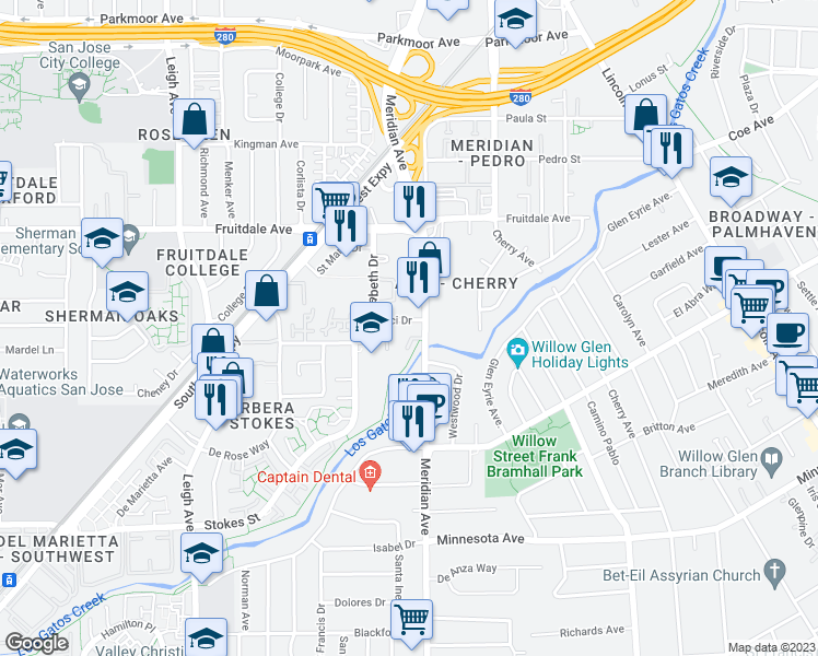 map of restaurants, bars, coffee shops, grocery stores, and more near 983 Meridian Avenue in San Jose