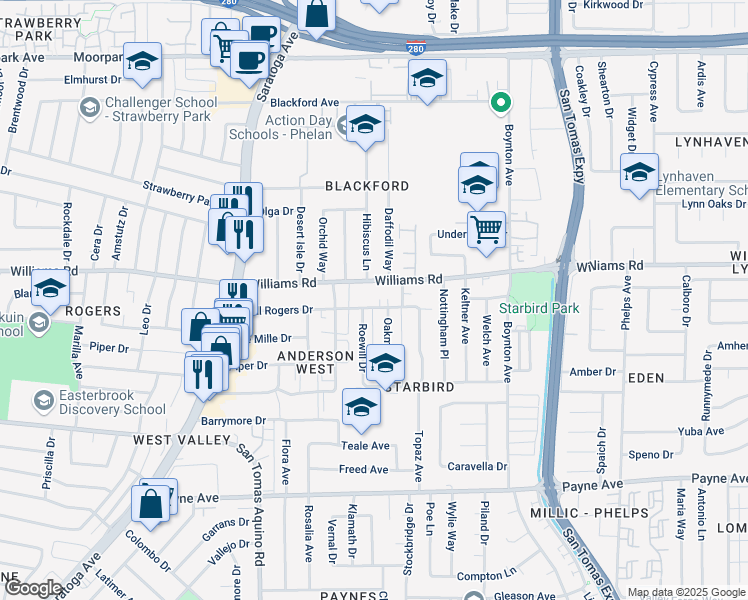 map of restaurants, bars, coffee shops, grocery stores, and more near 4010 Williams Road in San Jose