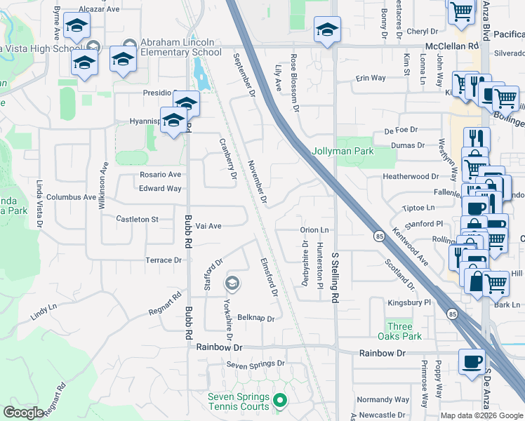 map of restaurants, bars, coffee shops, grocery stores, and more near 1067 November Drive in Cupertino