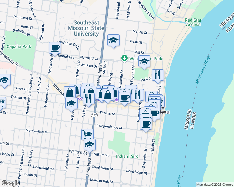 map of restaurants, bars, coffee shops, grocery stores, and more near 521 Bellevue Street in Cape Girardeau