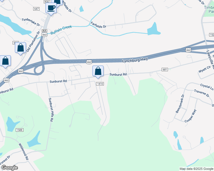map of restaurants, bars, coffee shops, grocery stores, and more near 100 Roger Drive in Evington