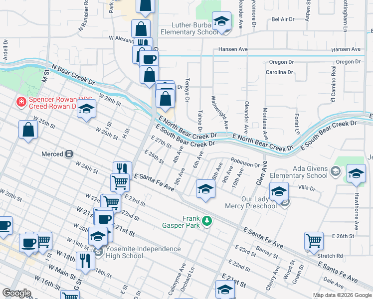 map of restaurants, bars, coffee shops, grocery stores, and more near 420 East South Bear Creek Drive in Merced