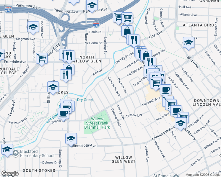 map of restaurants, bars, coffee shops, grocery stores, and more near 1044 Cherry Avenue in San Jose