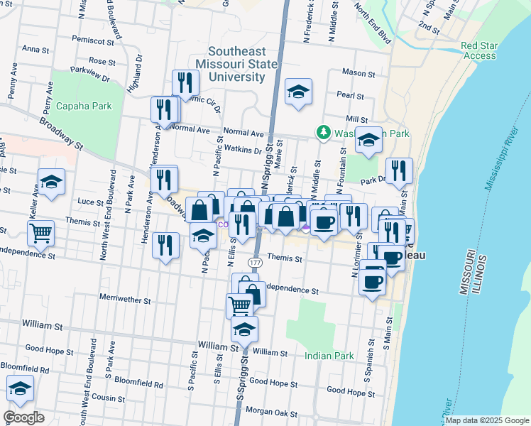 map of restaurants, bars, coffee shops, grocery stores, and more near 625 Bellevue Street in Cape Girardeau