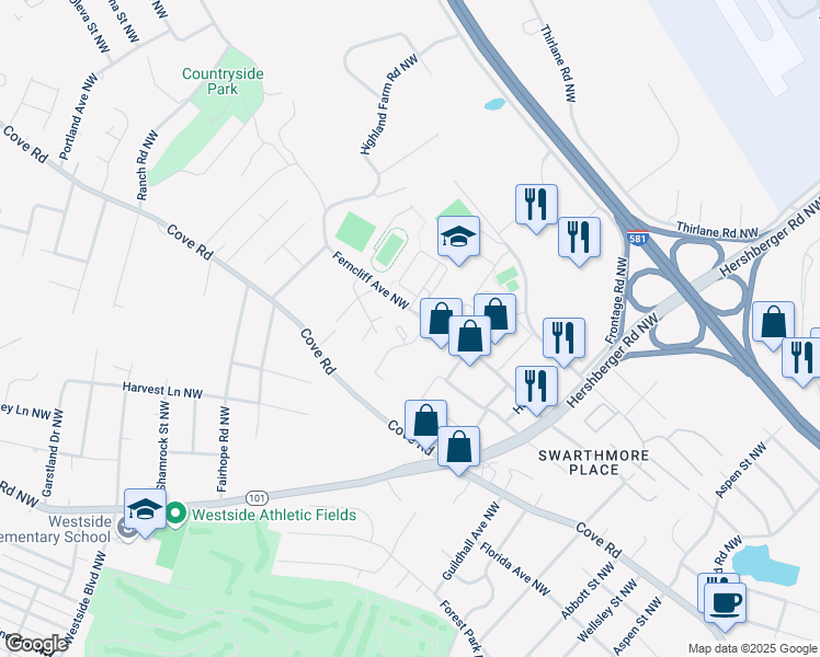 map of restaurants, bars, coffee shops, grocery stores, and more near 3666 Ferncliff Avenue Northwest in Roanoke