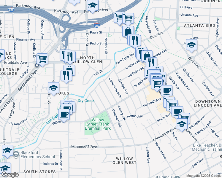 map of restaurants, bars, coffee shops, grocery stores, and more near 1044 Cherry Avenue in San Jose